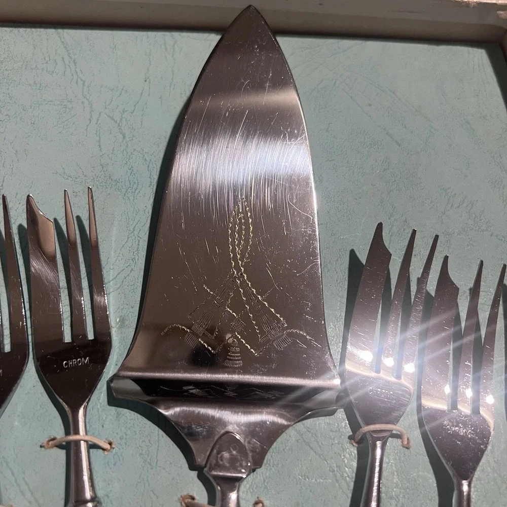 Vintage German Bakelite Cake Forks Server Set 7pc CHROM Art Deco Boxed